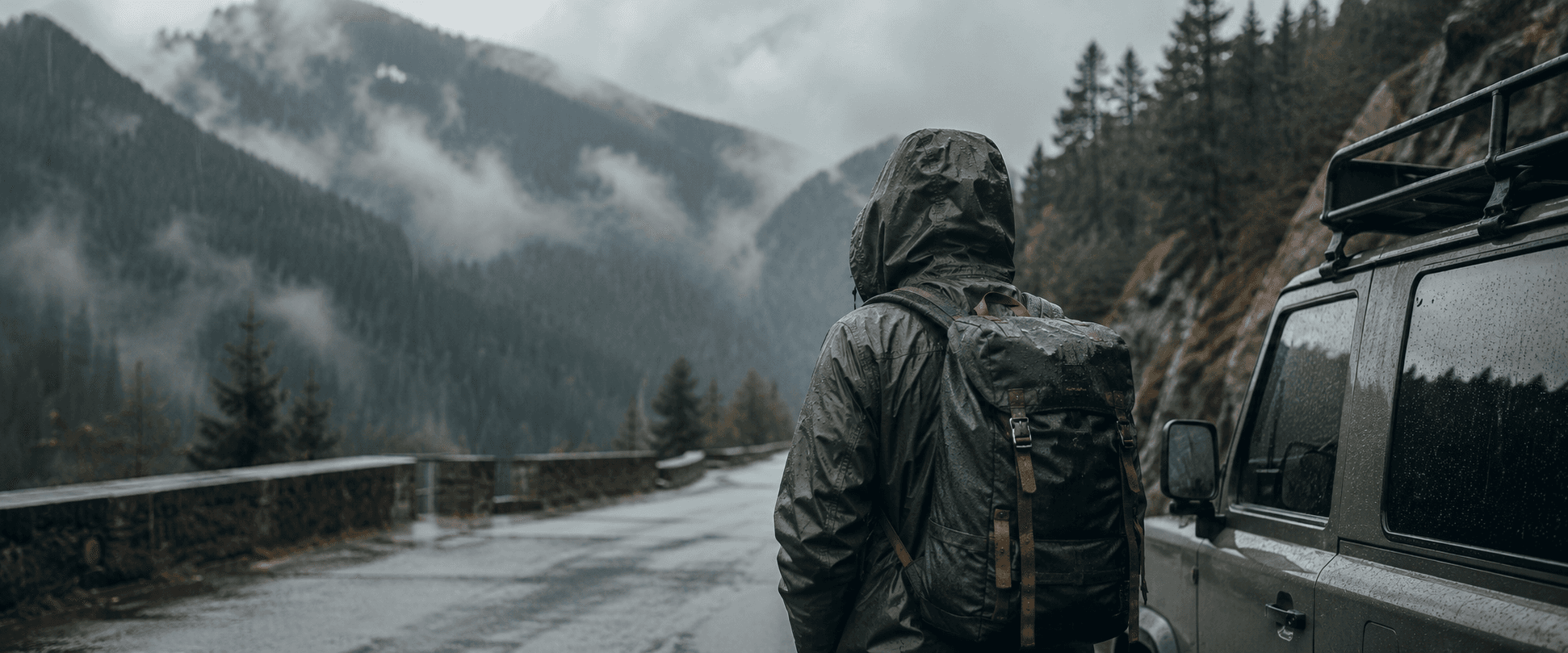 A wide Rain Ready collection visual for wet weather travel.