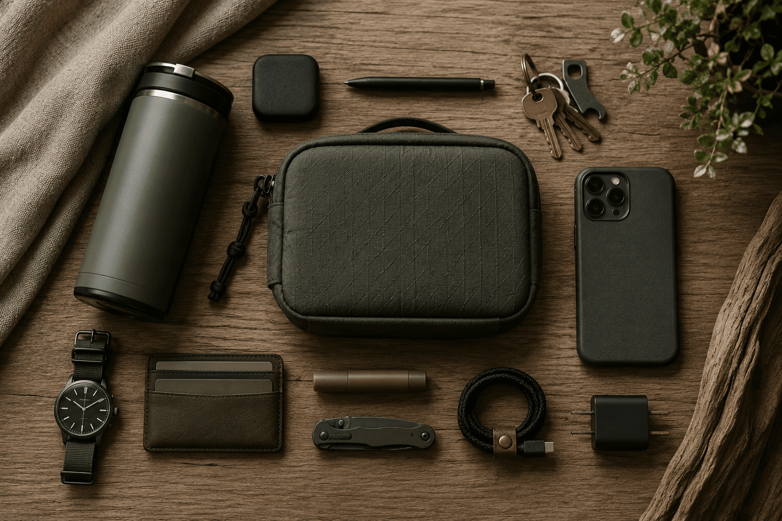 Everyday carry essentials arranged clearly for a travel pouch guide.