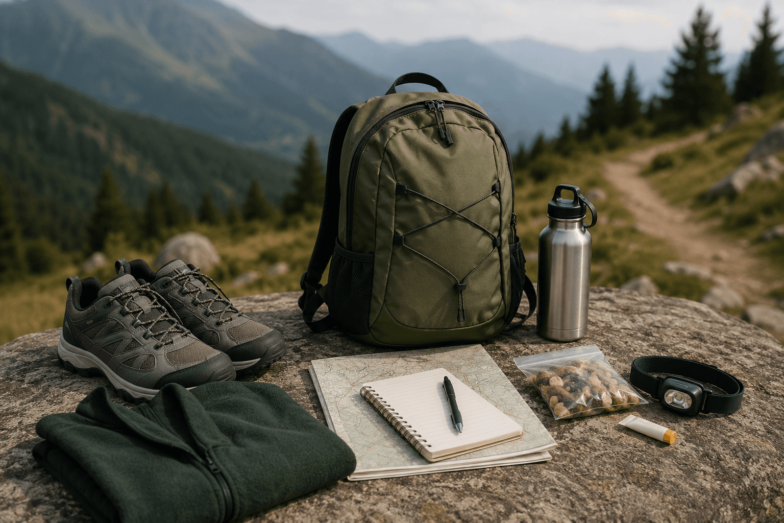 First trek essentials prepared for beginner outdoor travel.