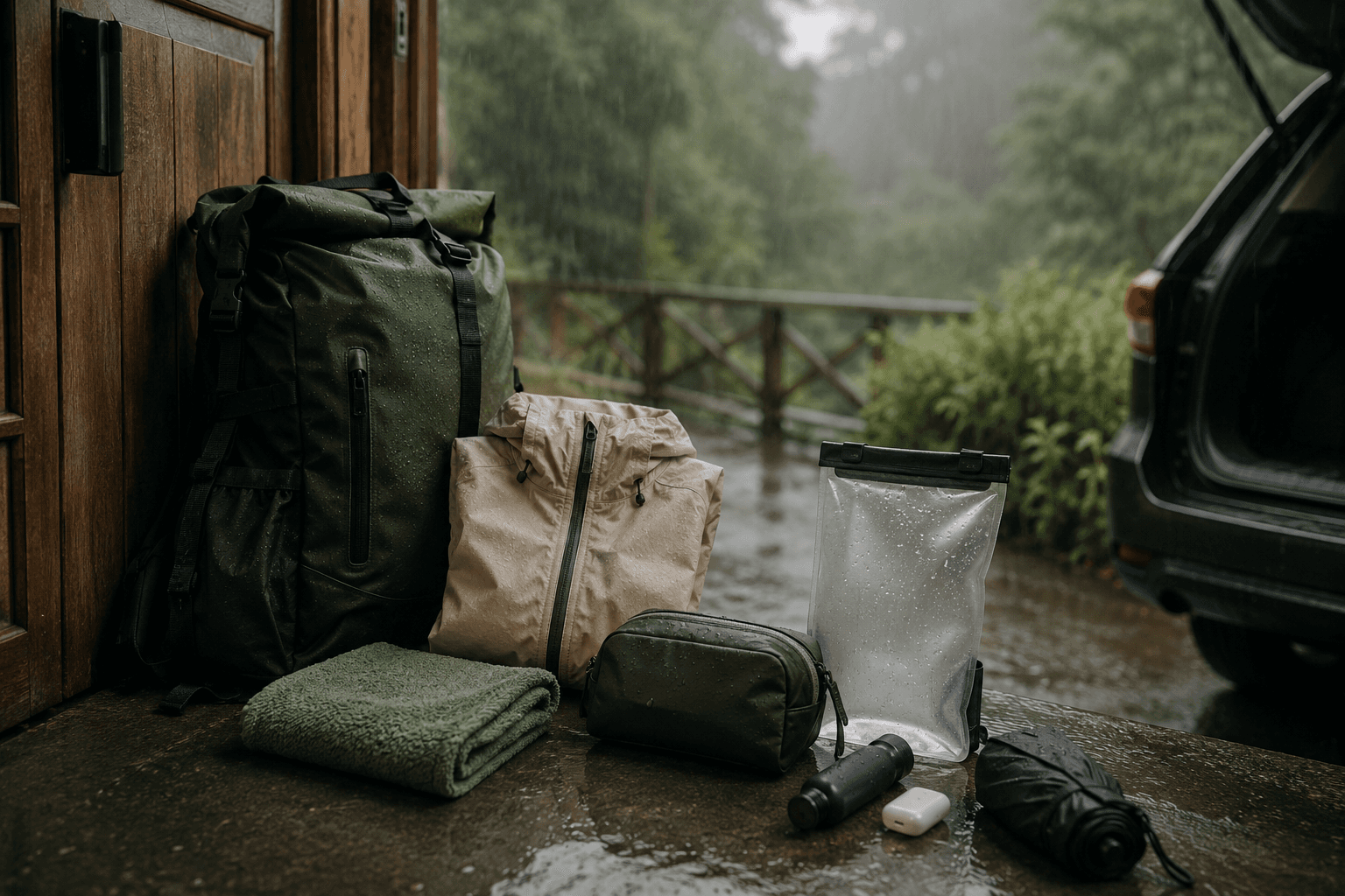 Monsoon travel essentials prepared for wet roads and uncertain weather.