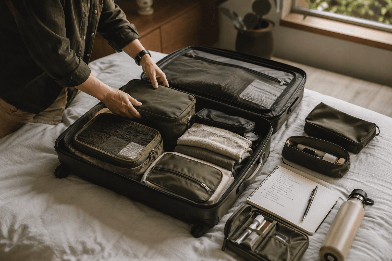 A calm packing guide scene with essentials organized before travel.