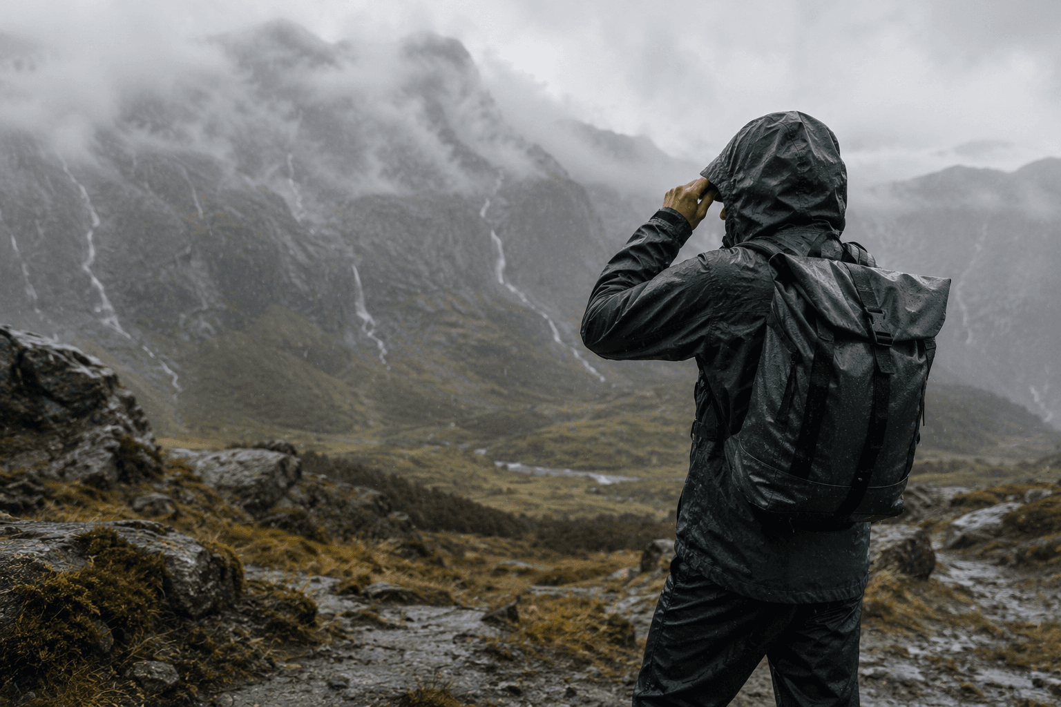 Rain-ready travel essentials arranged for wet weather preparation.