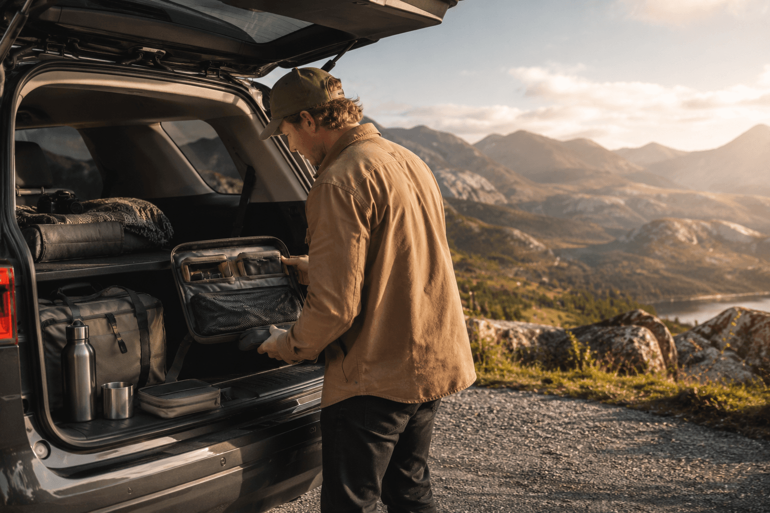 Road-ready carry essentials prepared for a calm drive.