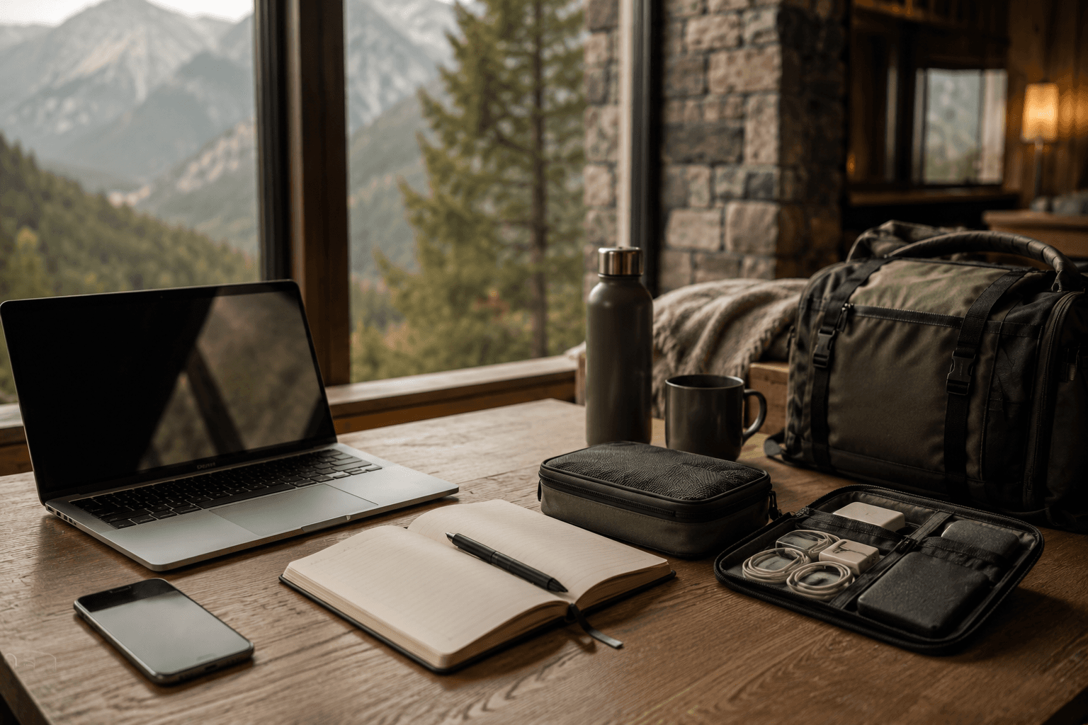 Work from anywhere kit essentials arranged for tech and remote work travel.